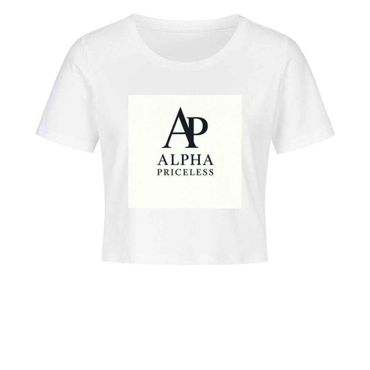 Women’s Crop Top - Alpha Priceless Crop Shirt in white with minimalist logo design.