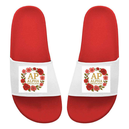 Slide Sandals - Alpha Priceless Signature Slides in red with floral design and bold branding.
