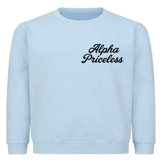Kids Sweatshirt - Alpha Priceless YoungCore Crew in light blue with stylish branding.