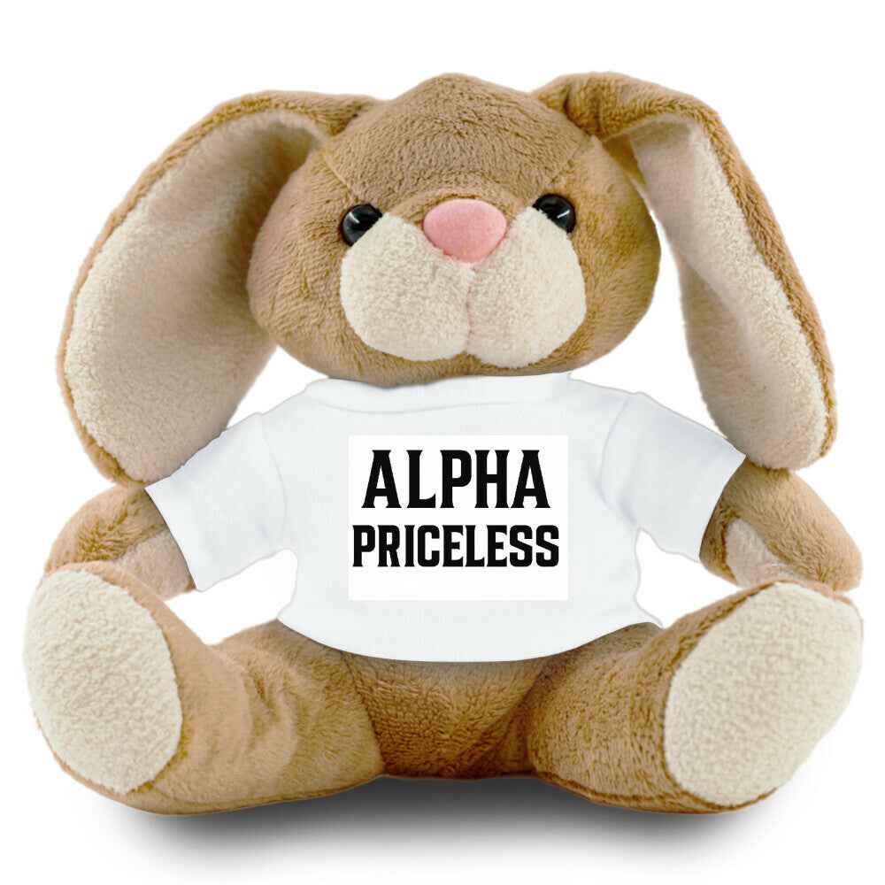 Plush Bunny Toy - Little Alpha Priceless Cuddle Bunny with 'ALPHA PRICELESS' shirt, perfect for cuddling.