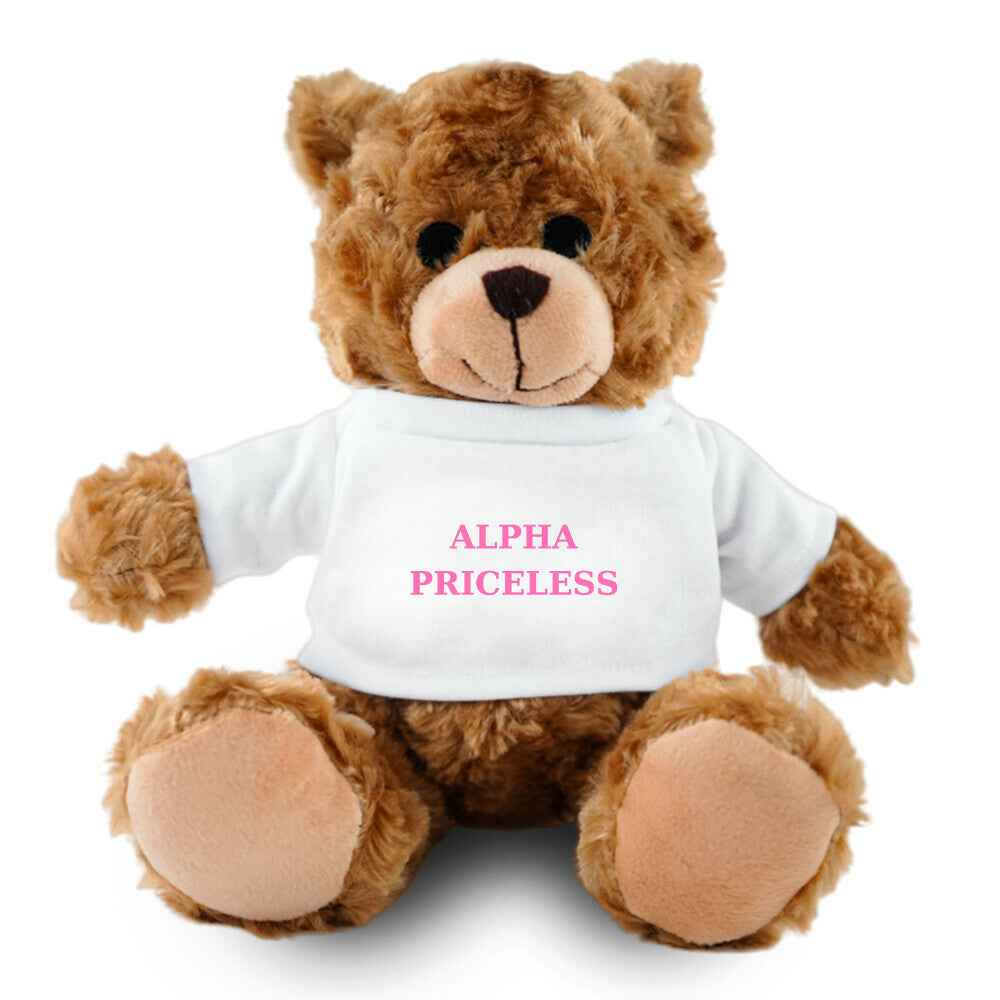 Teddy Bear Plush - Alpha Priceless Soft Bear sitting with a white shirt, showcasing the words 'ALPHA PRICELESS'.