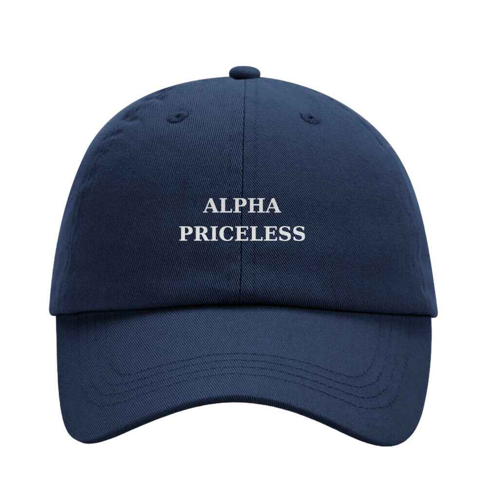 Streetwear Dad Cap - Alpha Priceless Street Cap in navy blue with Alpha Priceless branding on the front.