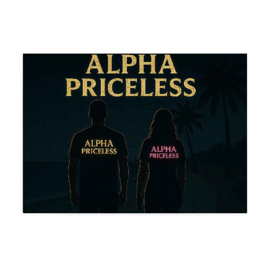 Beach Night Puzzle - Alpha Priceless CalmScape Jigsaw, silhouetted couple wearing Alpha Priceless shirts at the beach.