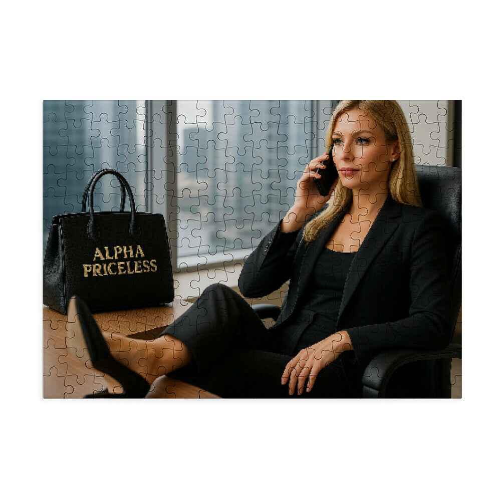 Womenboss Alpha Priceless Puzzle mit stilvoller Frau am Telefon und Alpha Priceless Tasche im Hintergrund.