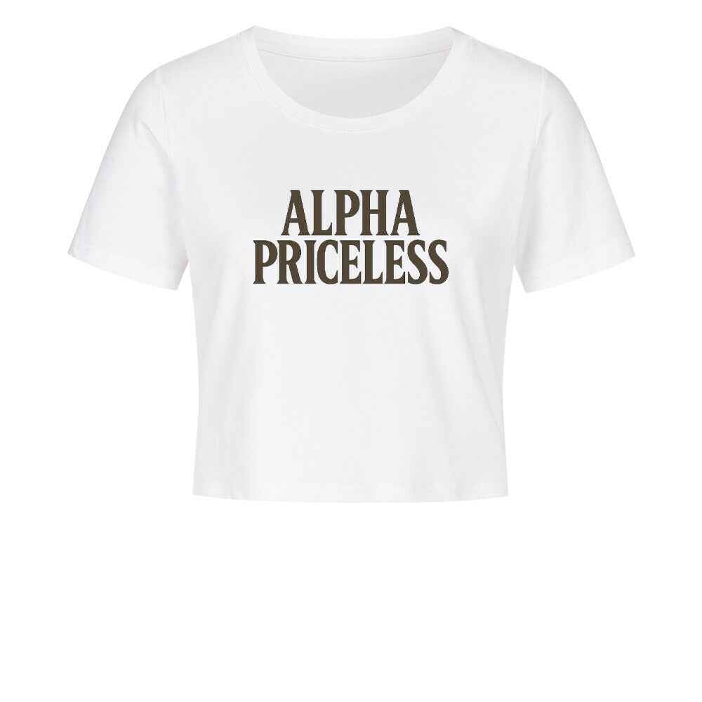Alpha Priceless Crop Top - Women’s FlexFit Street Tee in white with bold text design.