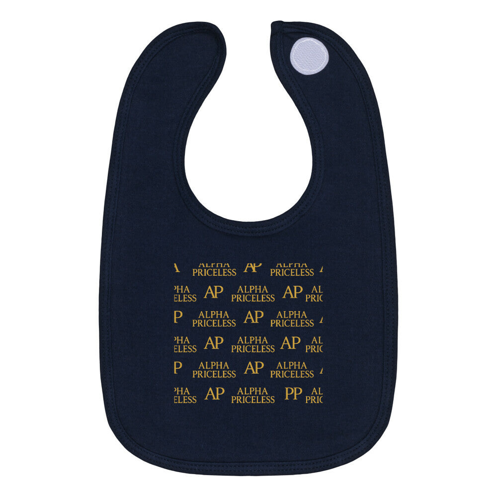 Alpha Priceless Signature Bib - Organic Cotton Baby Bib in navy with gold lettering design.
