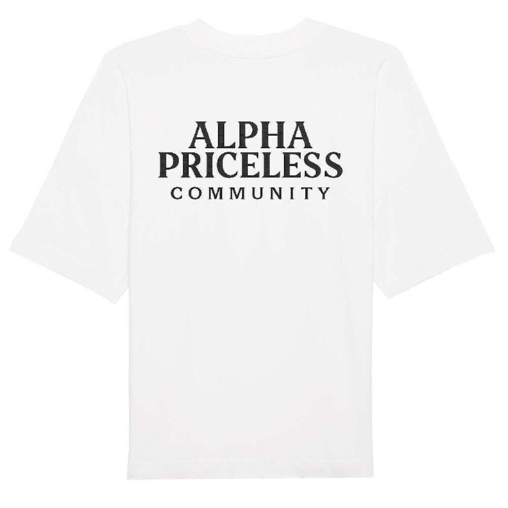 Alpha Priceless Organic Community Tee in oversized white design, featuring bold back print for casual style
