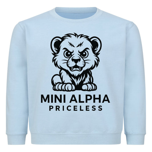 Mini Alpha Kids Priceless Sweater in light blue with playful lion graphic and text.