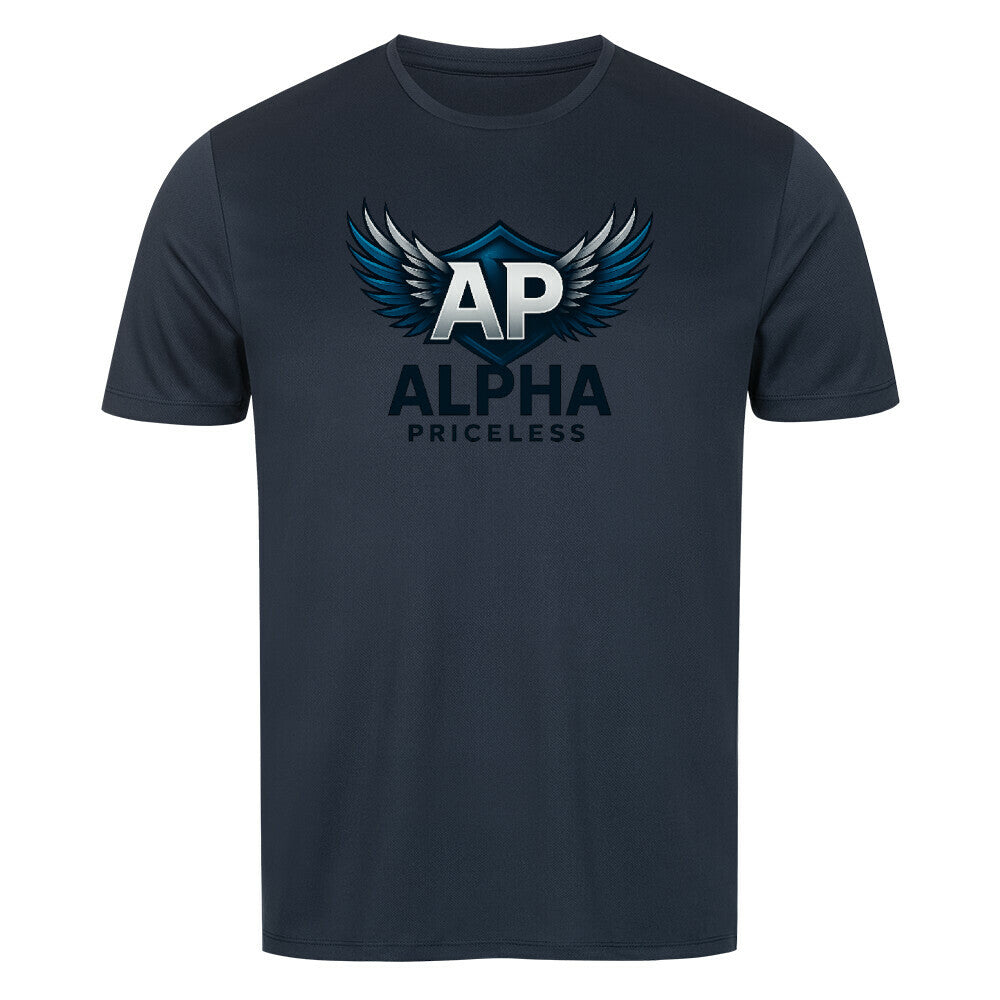 Alpha Priceless Sport Comfort Shirt in dark color with AP logo and wing design, ideal for active lifestyles.