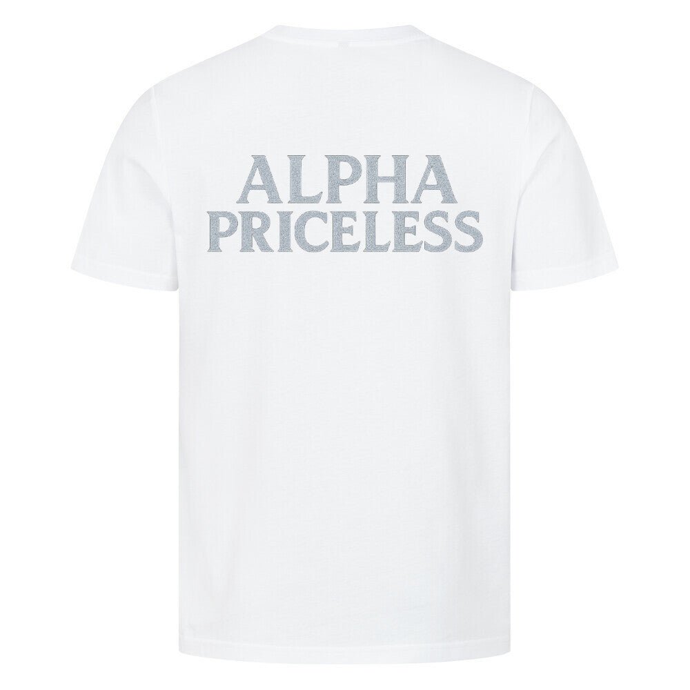 HigherBlanks Snow King Premium T-Shirt mit ALPHA PRICELESS Aufdruck auf der Rückseite in Weiß.