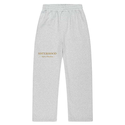 VACANCY Sisterhood Oversized Hoodie in soft grey fabric with 'SISTERHOOD Alpha Priorities' print.