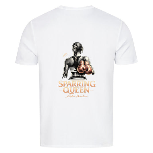 Sport T-Shirt Sparring Queen Tee, weißes Trainingstop mit Boxhandschuhen auf der Rückseite für Frauen.