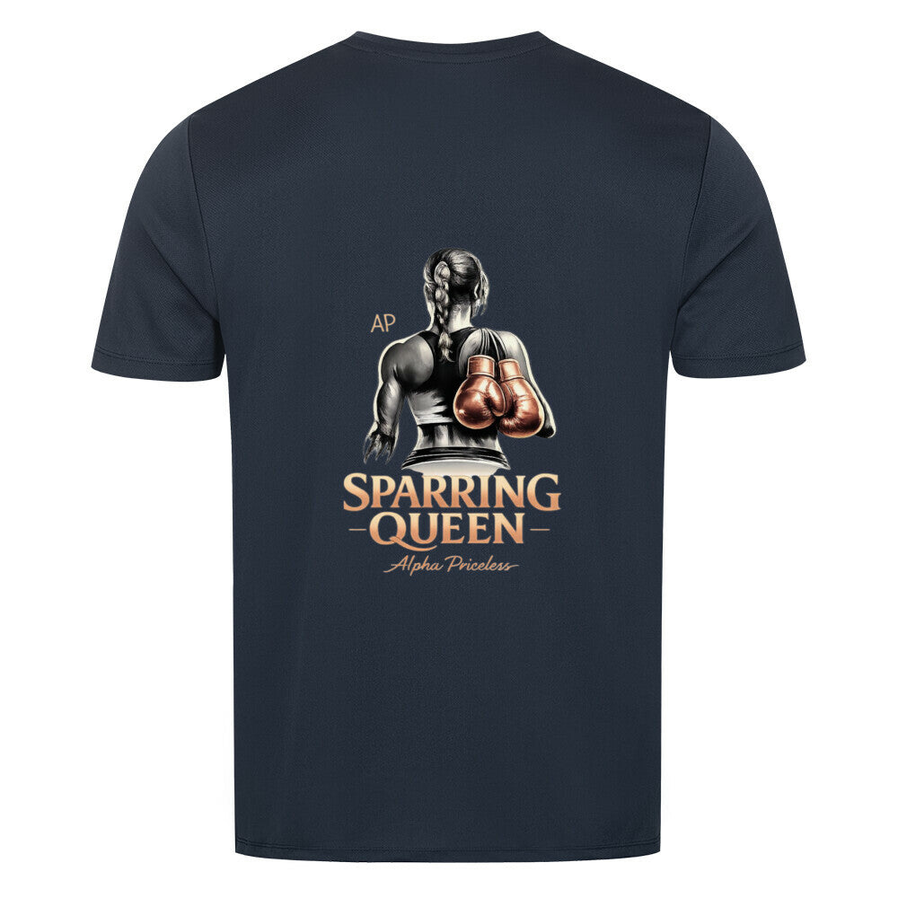 Sport T-Shirt Sparring Queen Tee mit Rückansicht, Kampfkunstmotiv und Boxhandschuhen.