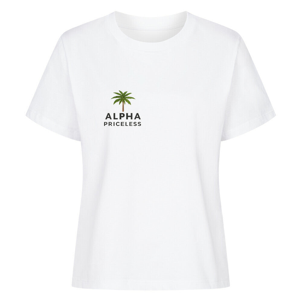 Premium Organic Coconut Shirt Tee in white with palm tree logo and ALPHA PRICELESS text.