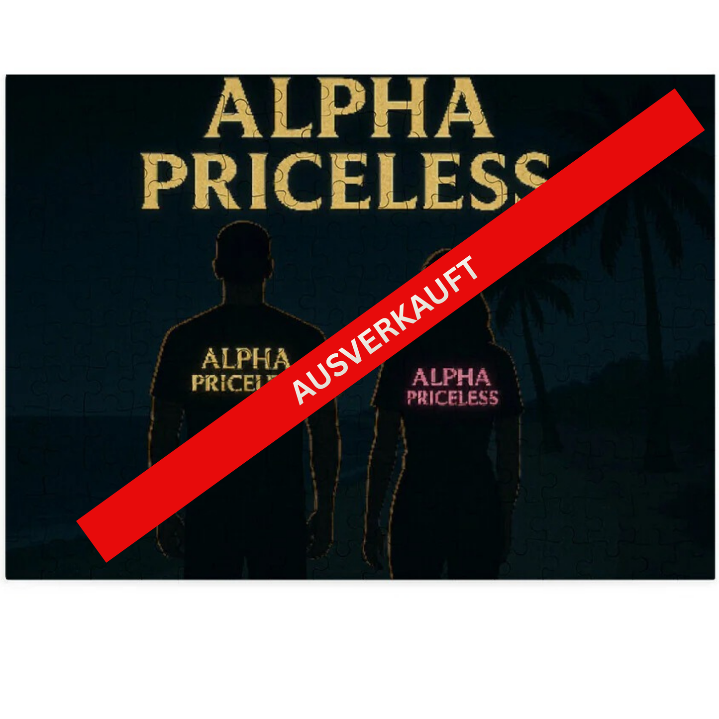 Beach Night Puzzle - Alpha Priceless CalmScape Jigsaw mit silhouttierten Figuren auf einem Strandhintergrund und "AUSVERKAUFT" Stempel.