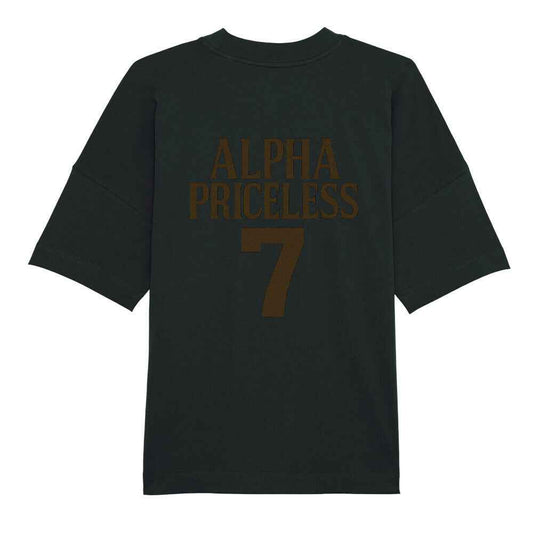 Alpha Priceless Organic Oversized T-Shirt in black with "ALPHA PRICELESS 7" printed on the back.