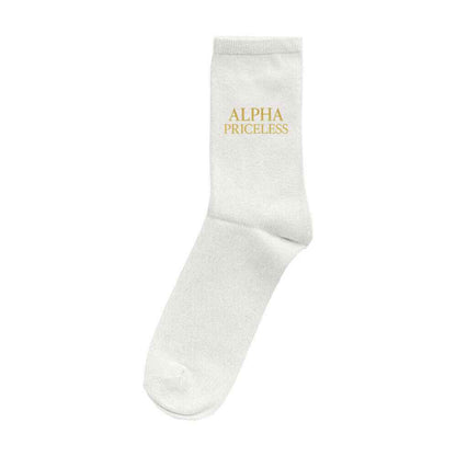 Alpha Premium Comfort Style Socks in white with 'ALPHA PRICELESS' logo in gold