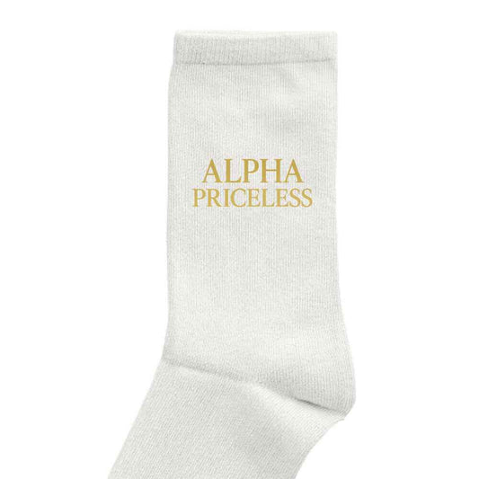 Alpha Premium Comfort Style Socks in soft white fabric with 'ALPHA PRICELESS' written in gold.