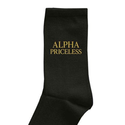 Alpha Premium Comfort Style Socks in black with gold lettering 'ALPHA PRICELESS' for stylish everyday wear.