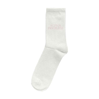 Alpha Priceless Signature Socks in a minimalist design, soft white fabric with logo, perfect for streetwear.