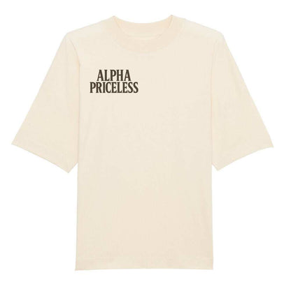 Alpha Priceless Organic Community Tee in cream color with oversized fit and graphic design.