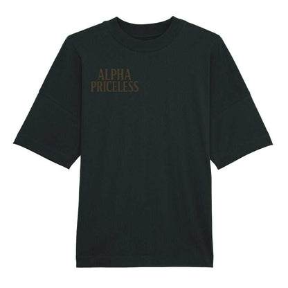 Alpha Priceless Organic Community Tee in oversized black design with bold lettering.