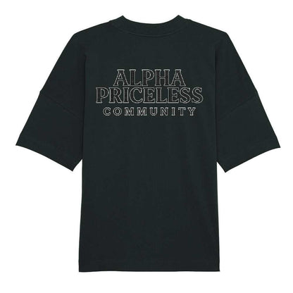 Alpha Priceless Organic Community Tee in black, featuring oversized fit and clean graphic design.