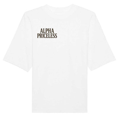 Alpha Priceless Organic Community Tee in white with oversized fit and logo print.