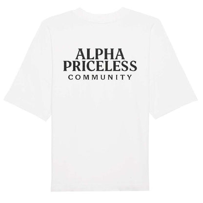Alpha Priceless Organic Community Tee in oversized white design, featuring bold back print for casual style