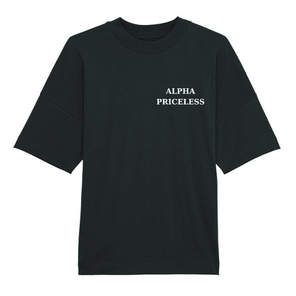 Alpha Priceless Organic Leader Tee in black with bold white branding on the front.