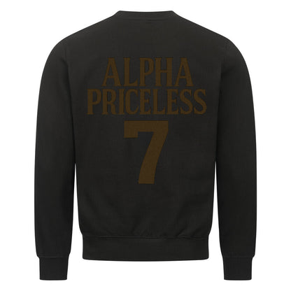 Alpha Priceless Classic Crewneck Sweatshirt in black with gold lettering and number 7 on the back.