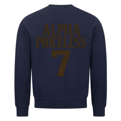 Alpha Priceless Classic Crewneck Sweatshirt in navy with bold BACK PRINT design.