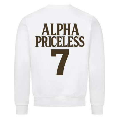 Alpha Priceless Classic Crewneck Sweatshirt in white with bold back design featuring 'ALPHA PRICELESS' and '7'.