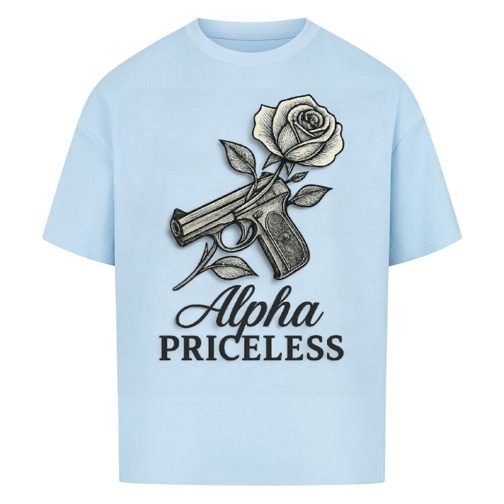 Alpha Rose Heat Oversized Cotton Tee in light blue with graphic design featuring a gun and rose.