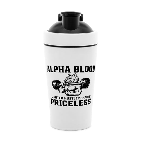 Alpha Priceless Hustler Protein Shaker in black and white design for workouts and hydration.