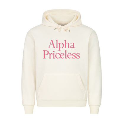 HigherBlanks Animal Alpha Power Hoodie in cream color with printed text 'Alpha Priceless' on the front.