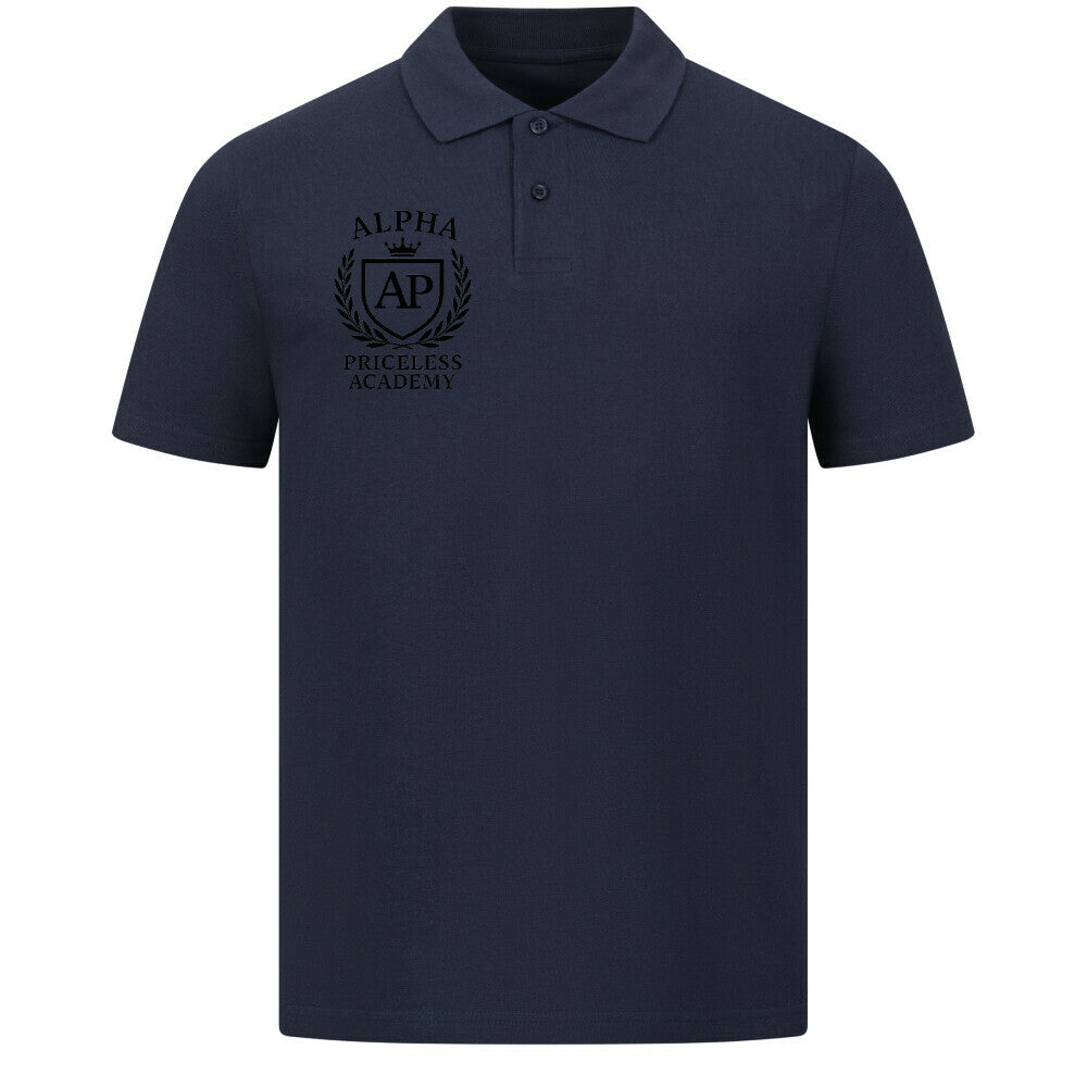 Classic Polo Shirt Premium Fit in navy blue with embroidered logo for Alpha Priceless Academy.