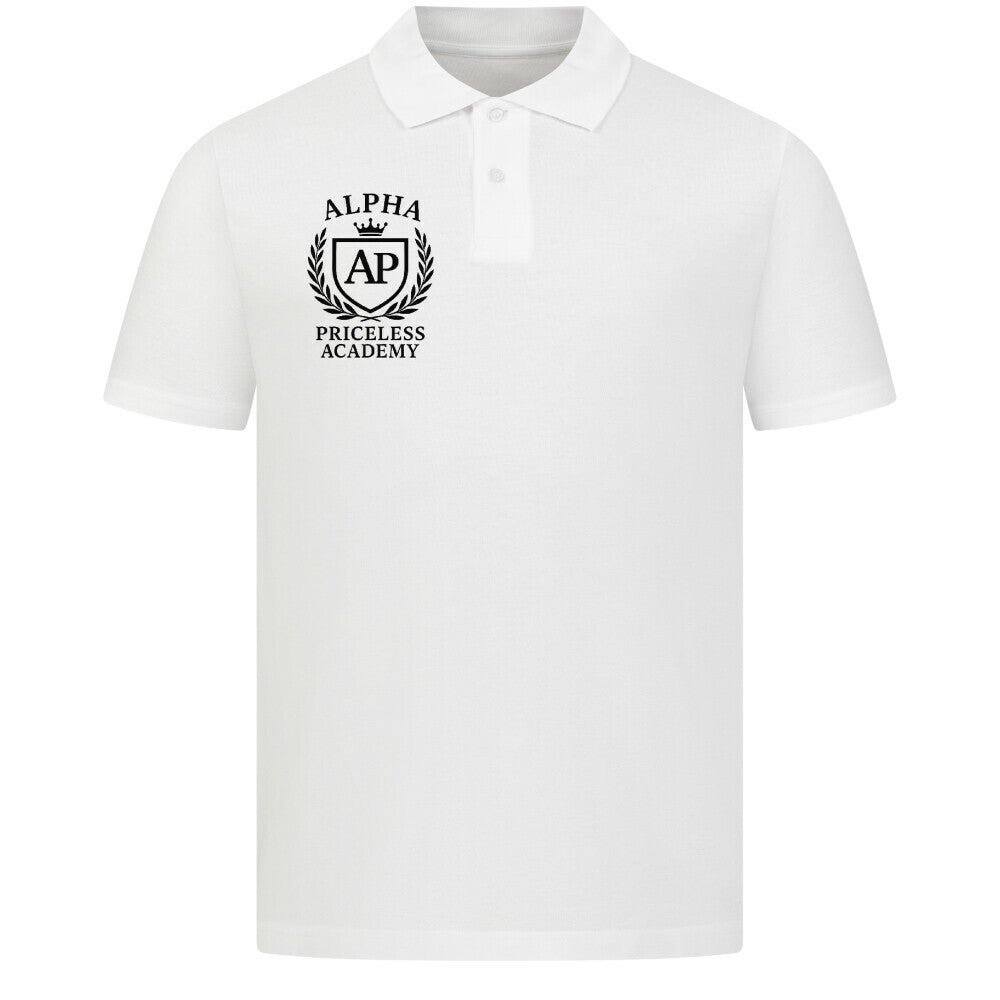 Classic Polo Shirt Premium Fit in Weiß mit Alpha Priceless Academy Logo