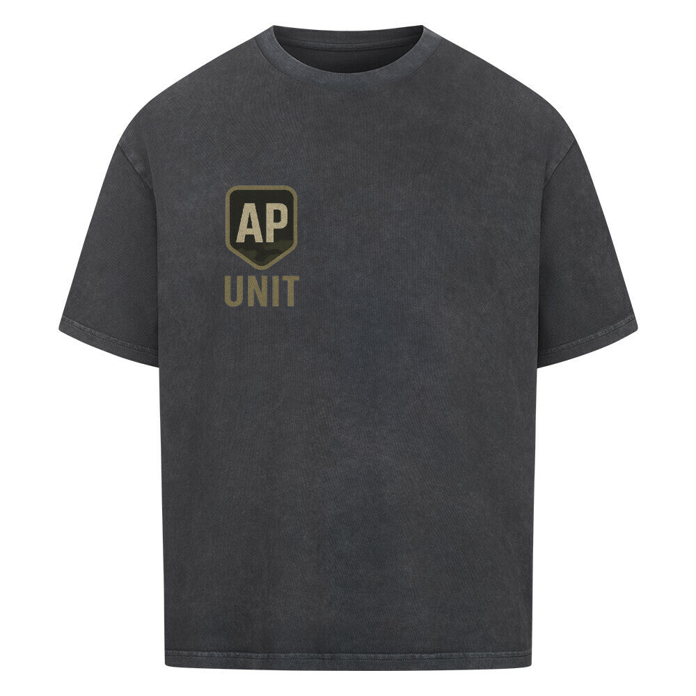Alpha Priceless Quality Unit Tee in dark gray featuring AP UNIT logo, perfect for casual and streetwear styles.