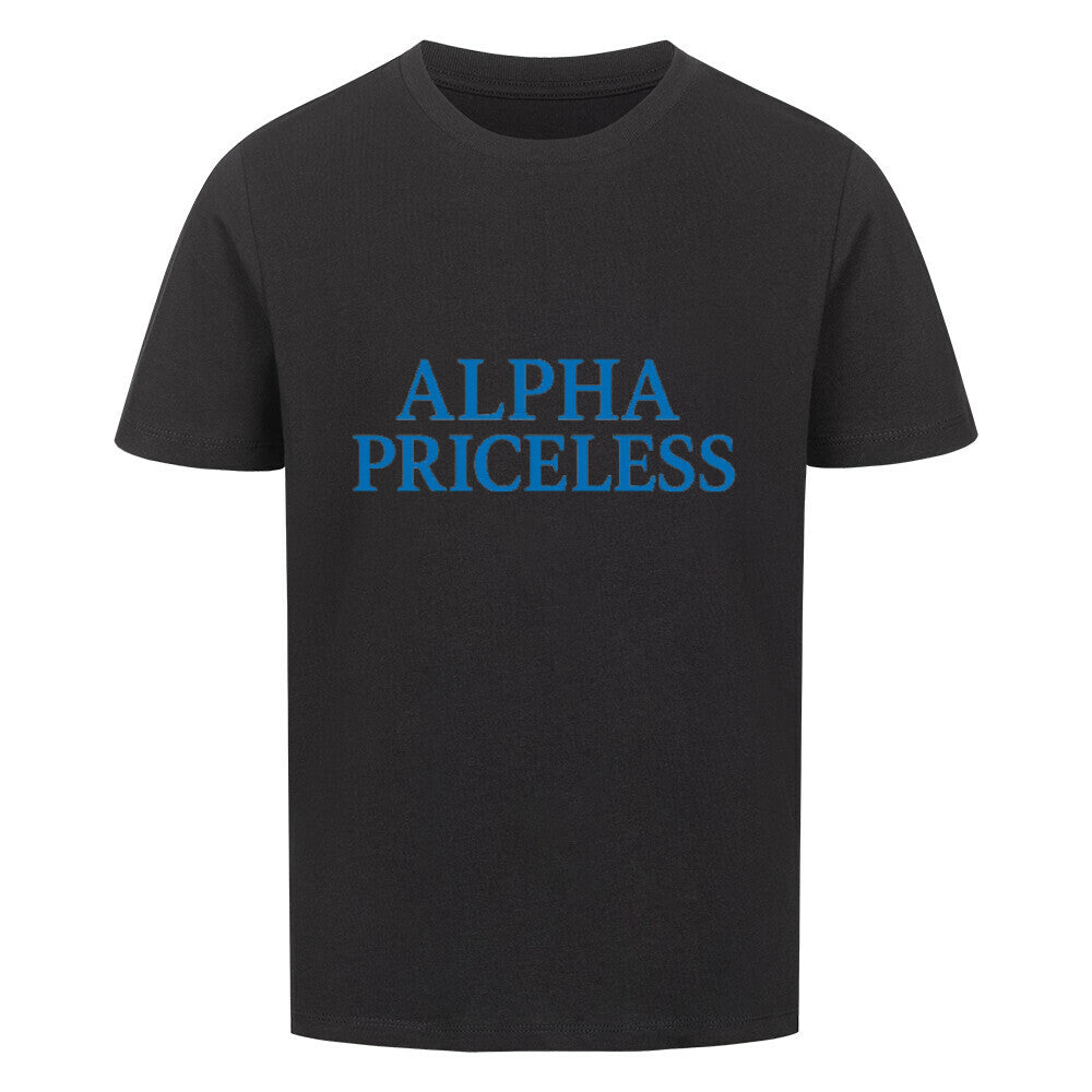 Schwarzes T-Shirt mit dem Aufdruck ALPHA PRICELESS, Teil der Alpha Priceless Boys Club Leaders.