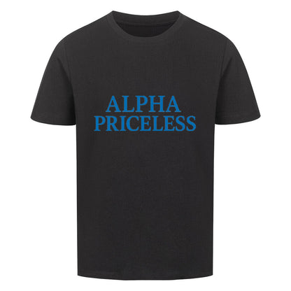 Schwarzes T-Shirt mit dem Aufdruck ALPHA PRICELESS, Teil der Alpha Priceless Boys Club Leaders.