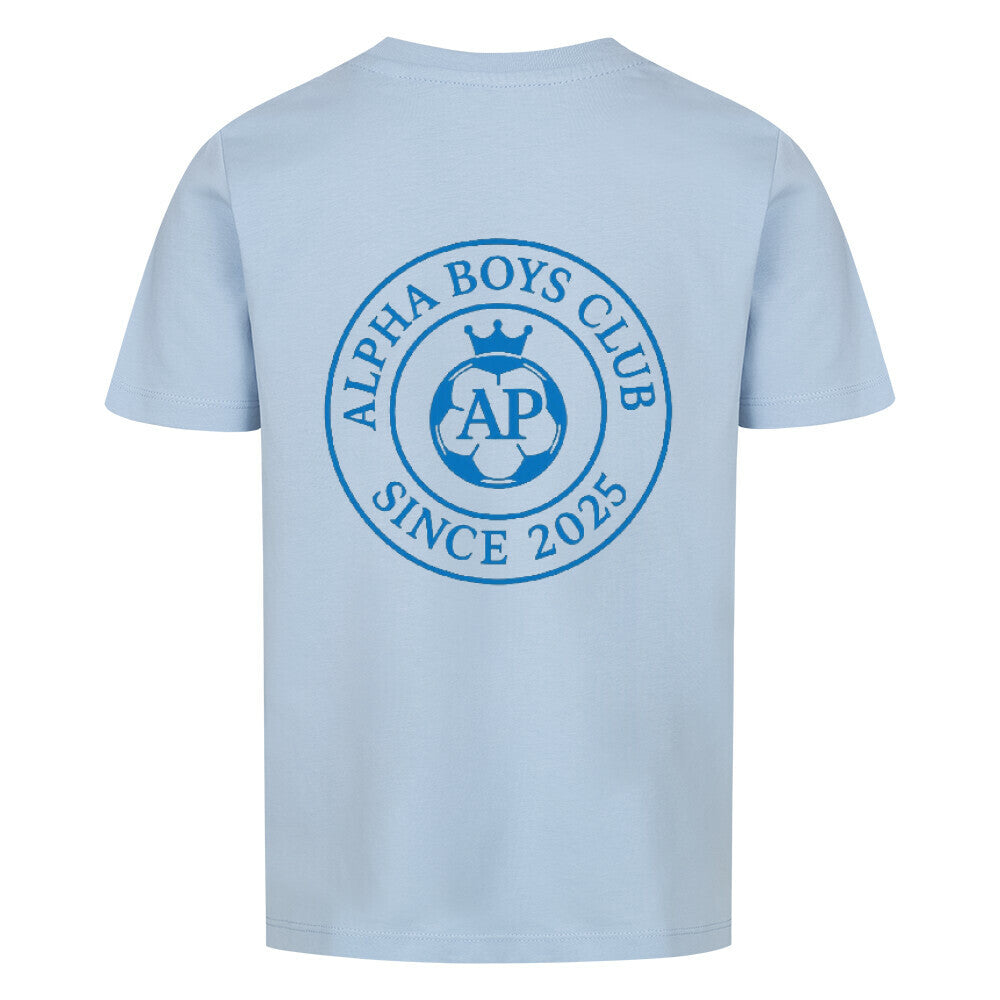 Rückansicht eines leichten blauen T-Shirts mit dem Design von Alpha Priceless Boys Club Leaders.