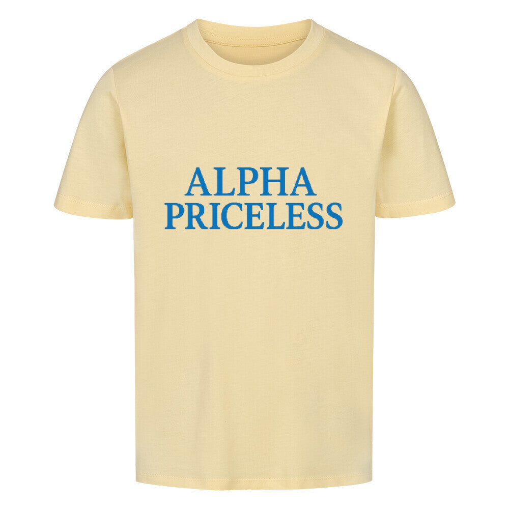 Alpha Priceless Boys Club Leaders T-Shirt in gelb mit blauem Text.