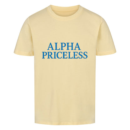 Alpha Priceless Boys Club Leaders T-Shirt in gelb mit blauem Text.