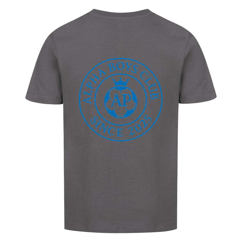 Alpha Priceless Boys Club Leaders T-Shirt mit blauem Logo und Schriftzug 'ALPHA BOYS CLUB SINCE 2025' auf grauem Hintergrund.