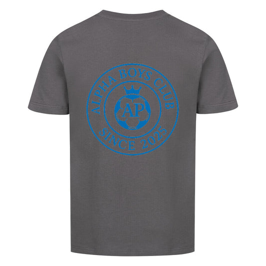 Alpha Priceless Boys Club Leaders T-Shirt mit blauem Logo und Schriftzug 'ALPHA BOYS CLUB SINCE 2025' auf grauem Hintergrund.