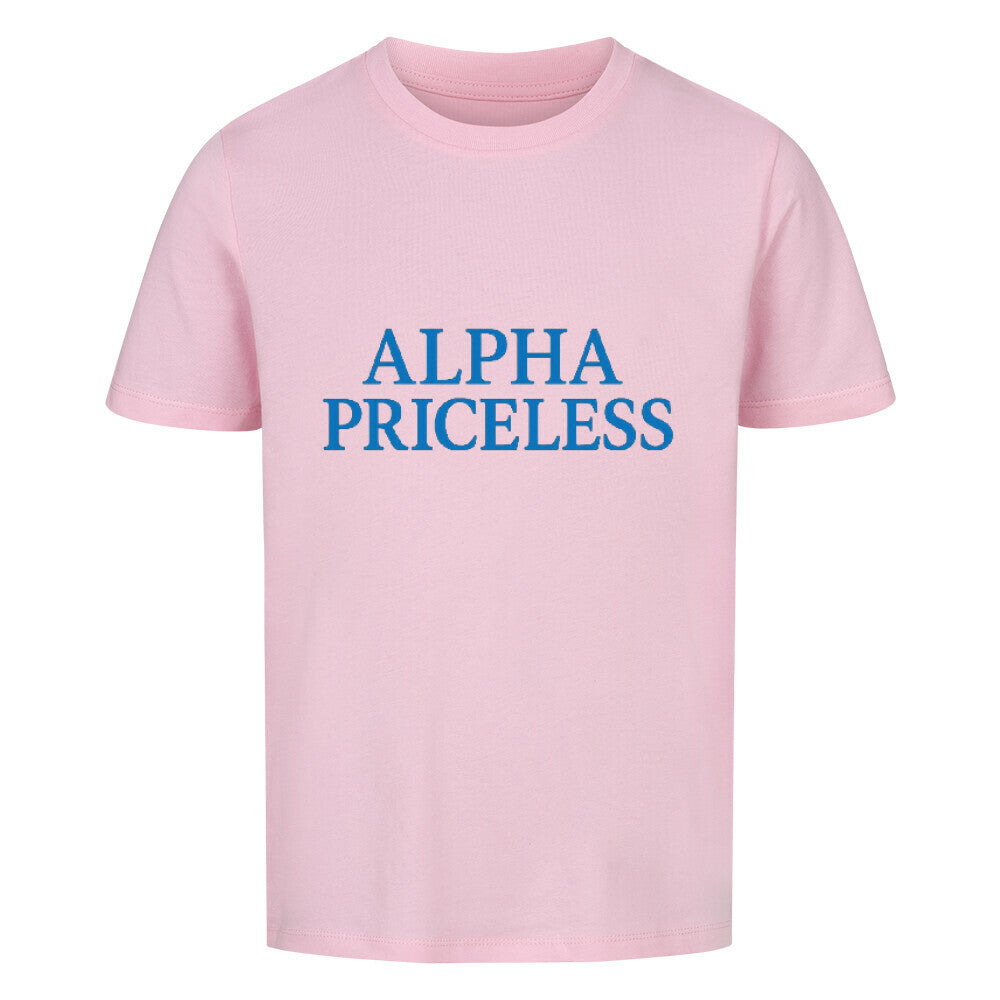 T-Shirt mit der Aufschrift Alpha Priceless in Blau auf rosa Hintergrund, Teil der Alpha Priceless Boys Club Leaders.
