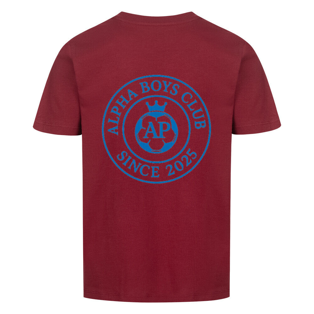 Alpha Priceless Boys Club Leaders T-Shirt in maroon with logo and text 'Alpha Boys Club Since 2025'.