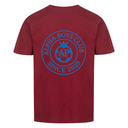 Alpha Priceless Boys Club Leaders T-Shirt in maroon with logo and text 'Alpha Boys Club Since 2025'.