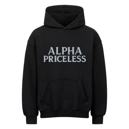 Alpha Guard Oversized Comfort Hoodie in black with 'ALPHA PRICELESS' text design